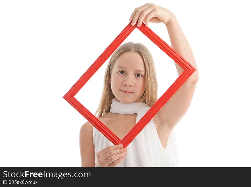 The girl with a red empty wooden framework. The girl with a red empty wooden framework