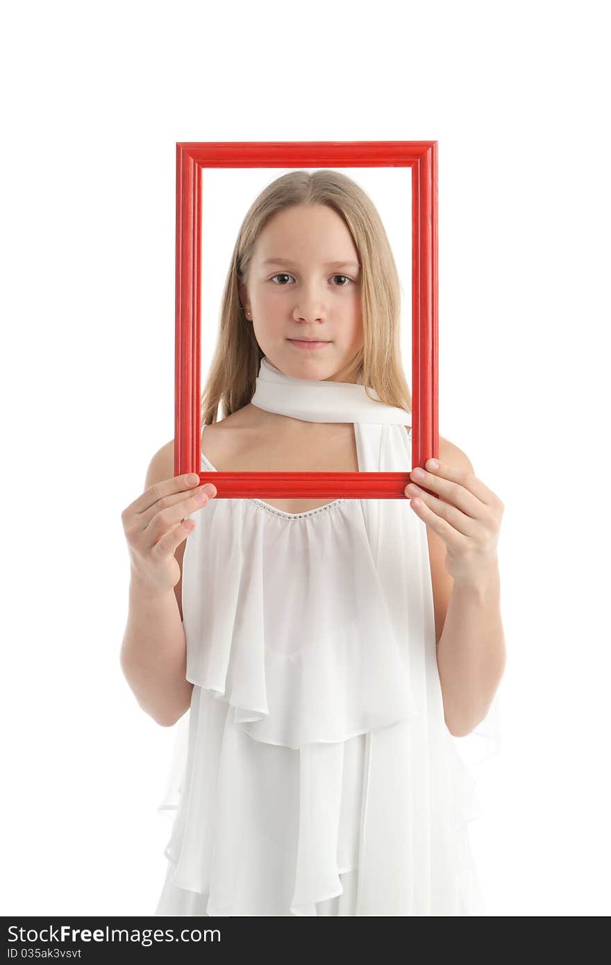 The girl with a red empty wooden framework. The girl with a red empty wooden framework