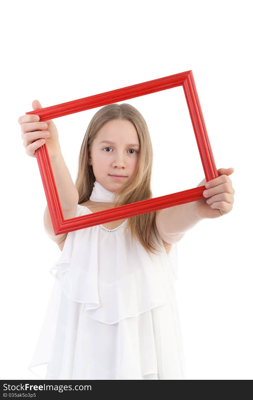 The girl with a red empty wooden framework. The girl with a red empty wooden framework