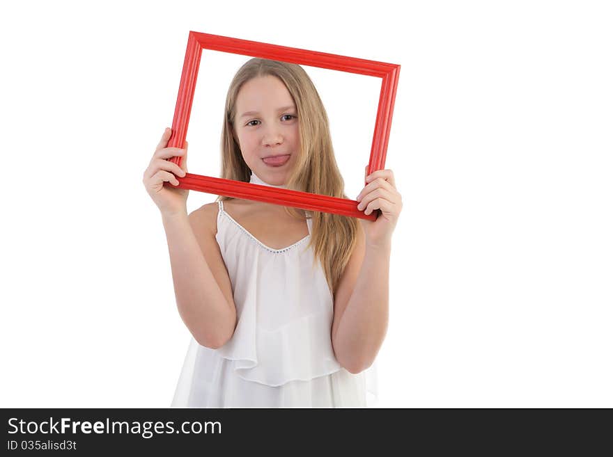 The girl with a red empty wooden framework. The girl with a red empty wooden framework