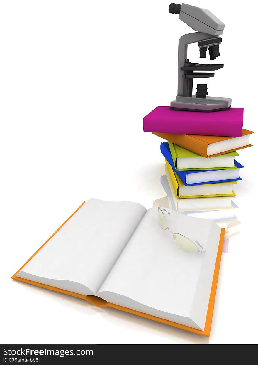 Books with a microscope and glasses on white background