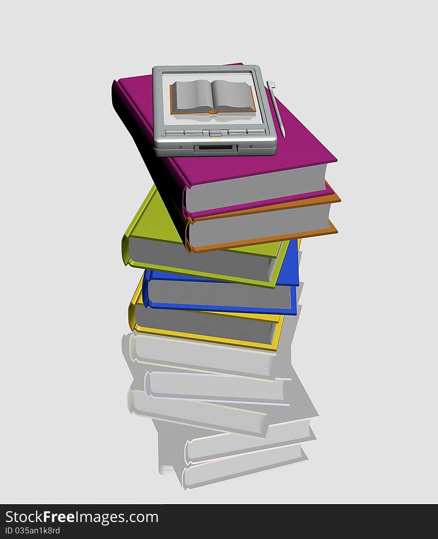 Pocket pc and stacks of books on white background