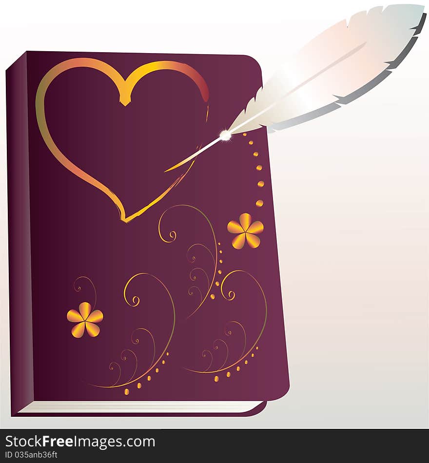 Pen and ancient book, decorated with ornaments and heart.