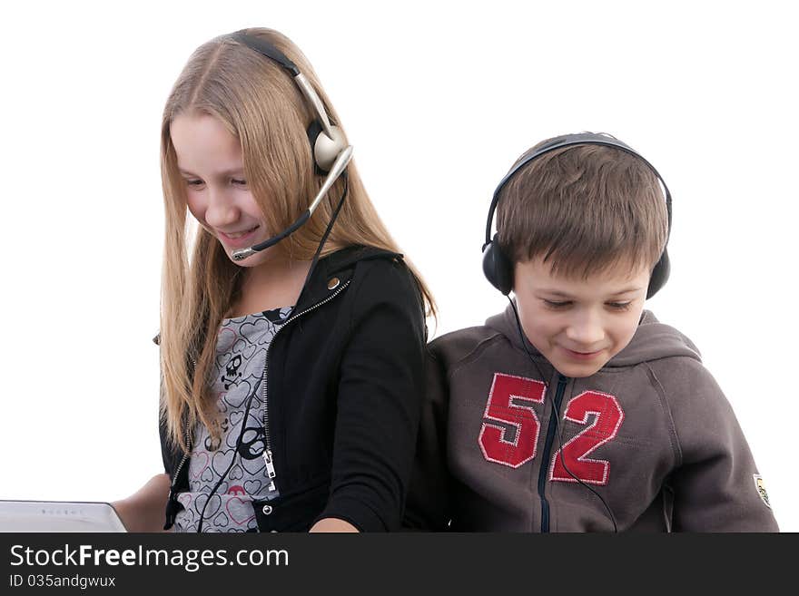 Children with laptops on a white background