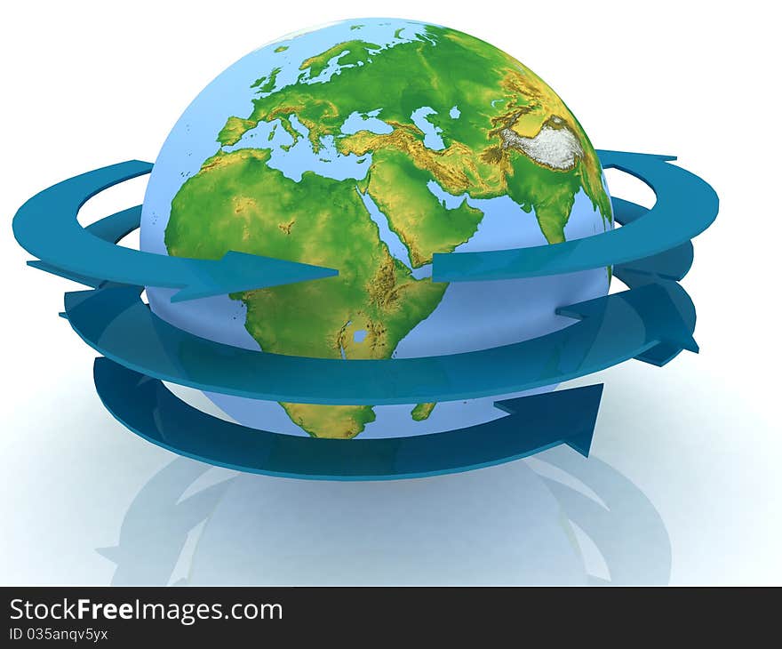 Globe on a white background with blue arrows. Globe on a white background with blue arrows