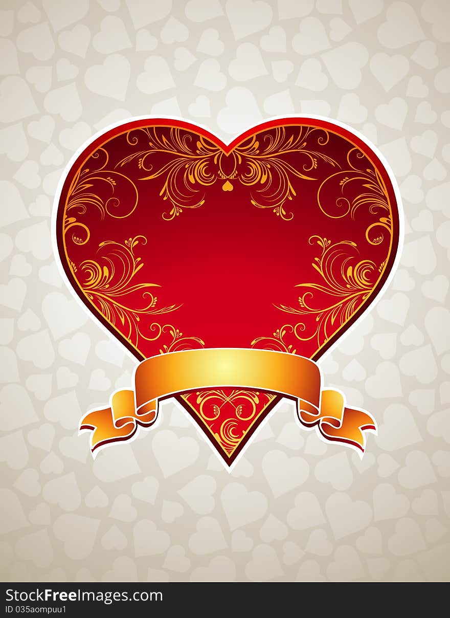 Lovely red heart with golden ribbon, illustration. Lovely red heart with golden ribbon, illustration