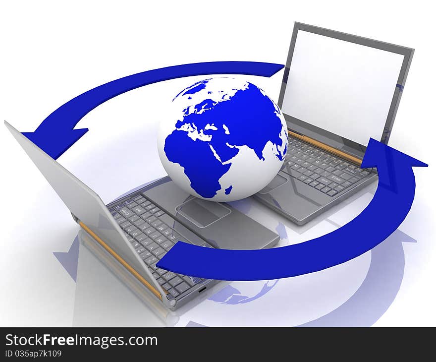 Two laptops on a white background with blue arrows. Two laptops on a white background with blue arrows