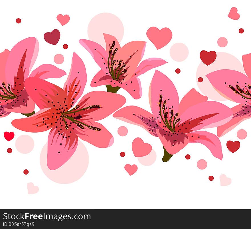 Seamless border made of pink lilies and circles. Seamless border made of pink lilies and circles