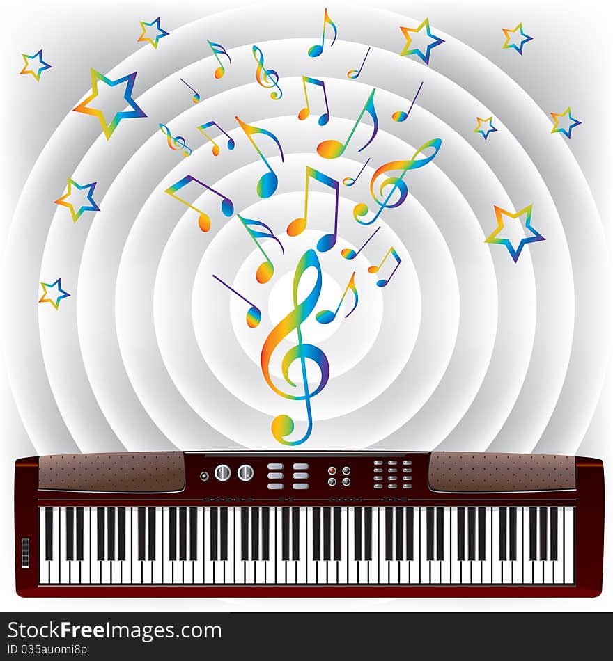 Electronic piano and musical notes on a circular background. Electronic piano and musical notes on a circular background