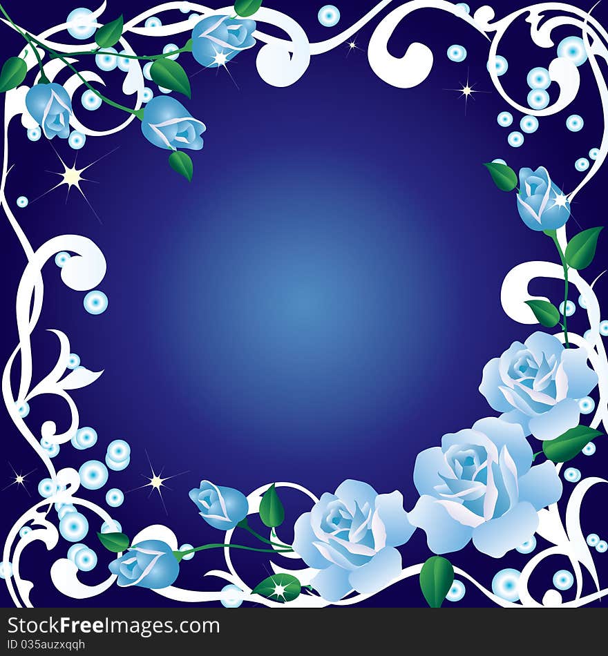 Abstract frame with blue roses on a blue background. Abstract frame with blue roses on a blue background.