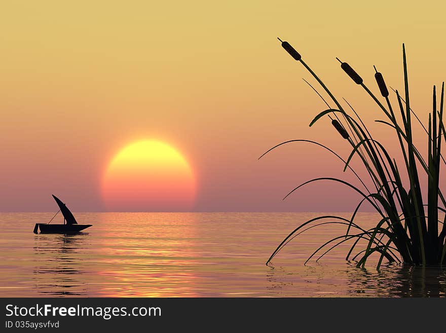 Small boat at sunset sea. Small boat at sunset sea