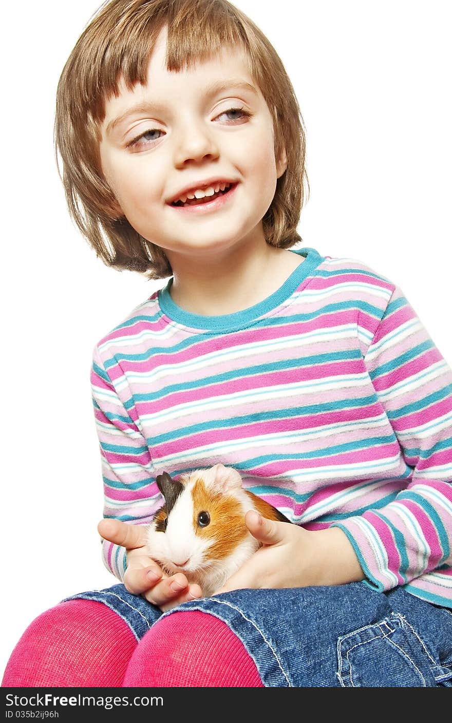 Little girl four years old and guinea pig isolated on white