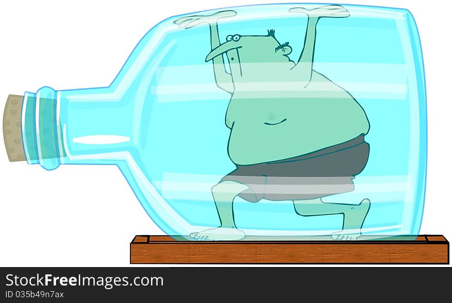 This illustration depicts a man wearing swim trunks trapped inside a glass bottle. This illustration depicts a man wearing swim trunks trapped inside a glass bottle.