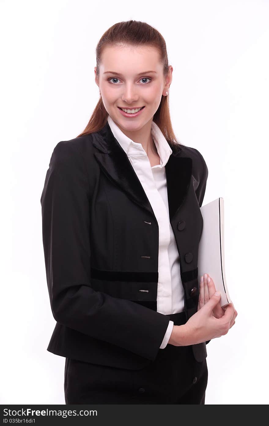 Portrait of positive young business woman. Isolated on a white background.