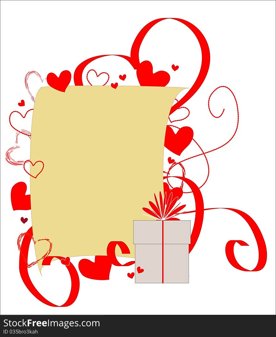 Sheet of paper framed with red hearts and ribbons