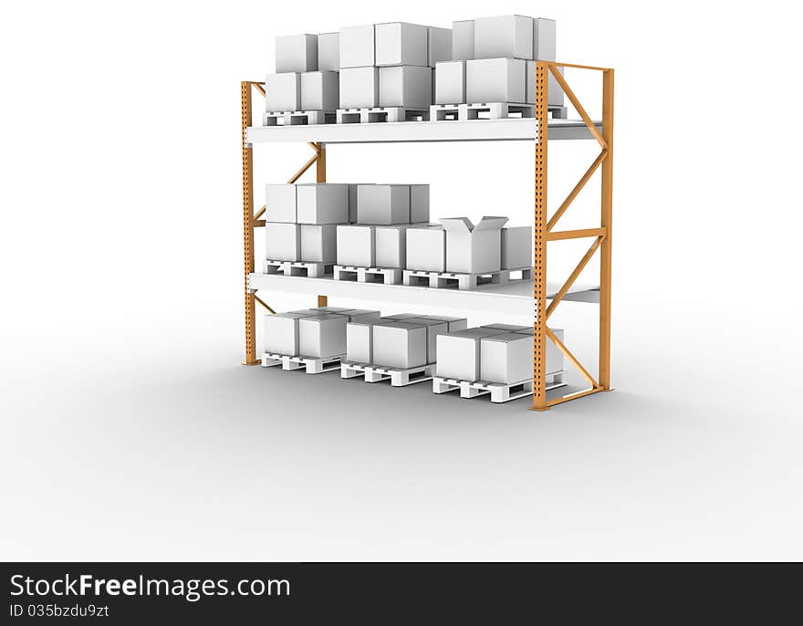 Pallet rack with pallets and boxes