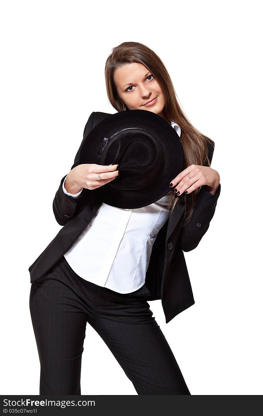 Girl in hat on white background