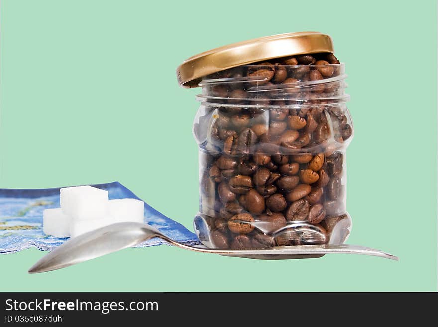 One can of roasted coffee beans a spoonful of brown sugar. One can of roasted coffee beans a spoonful of brown sugar