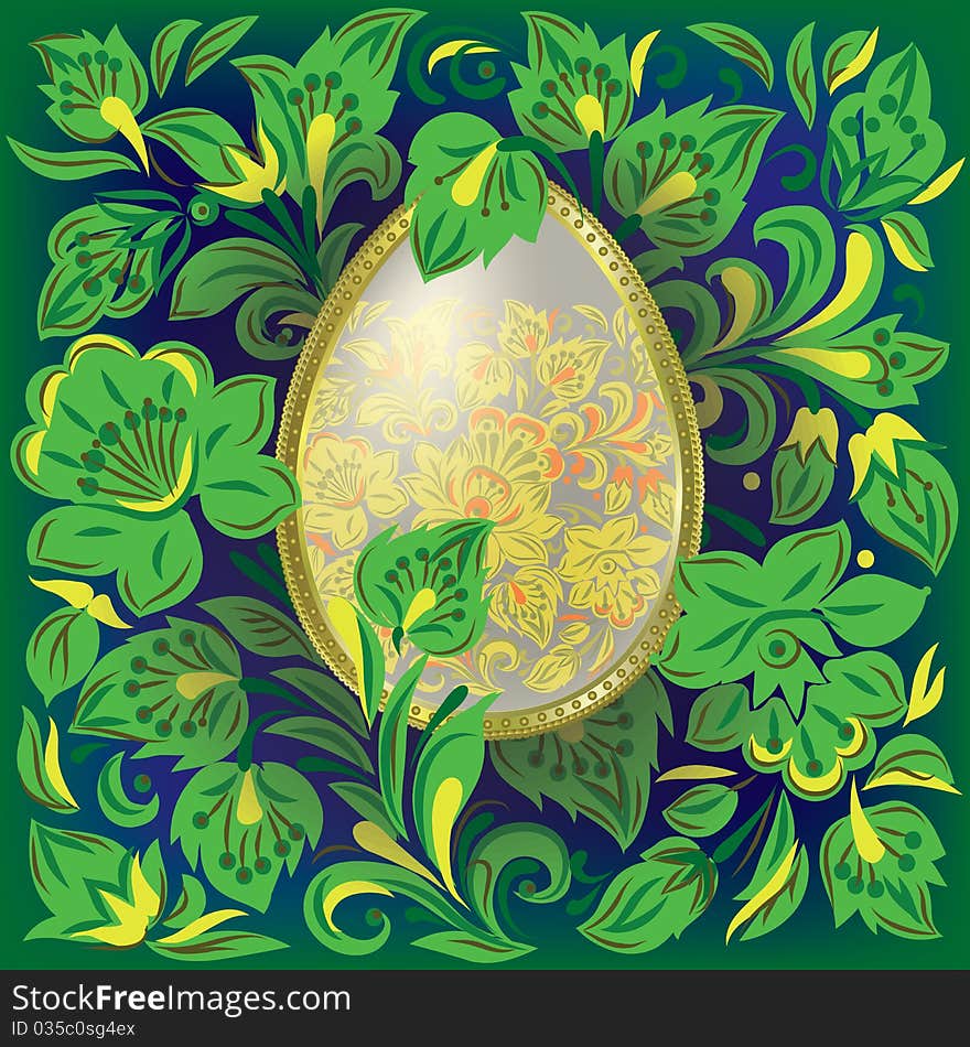 Gold easter egg in green floral ornament. Gold easter egg in green floral ornament