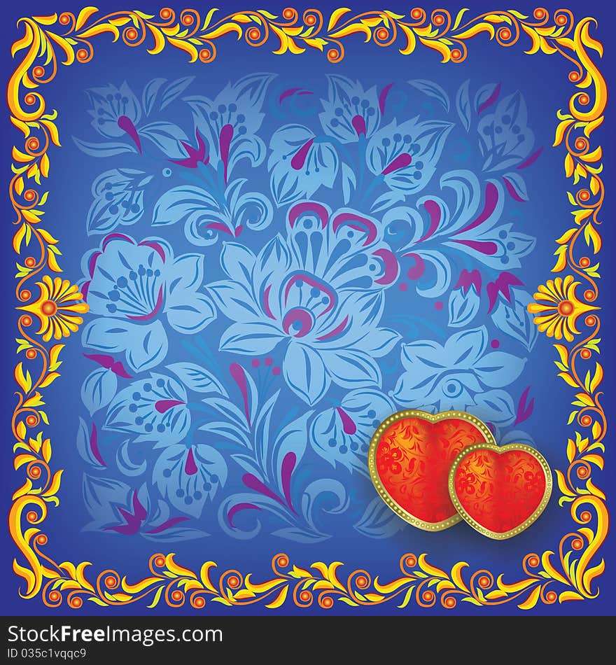 Valentines greeting with hearts on blue floral background. Valentines greeting with hearts on blue floral background