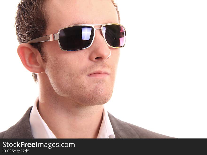 Business man look towards the distance on a white background. Business man look towards the distance on a white background