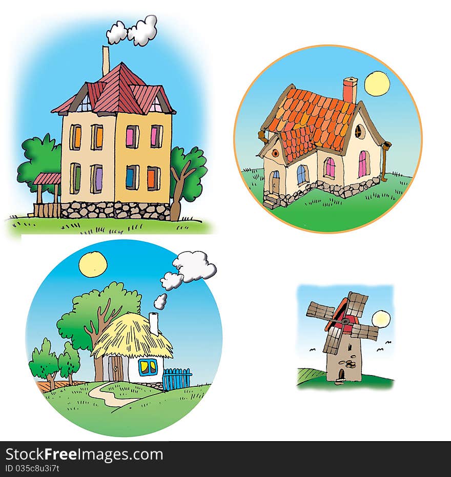 Hand drawn illustrations about different houses. On white background. Hand drawn illustrations about different houses. On white background