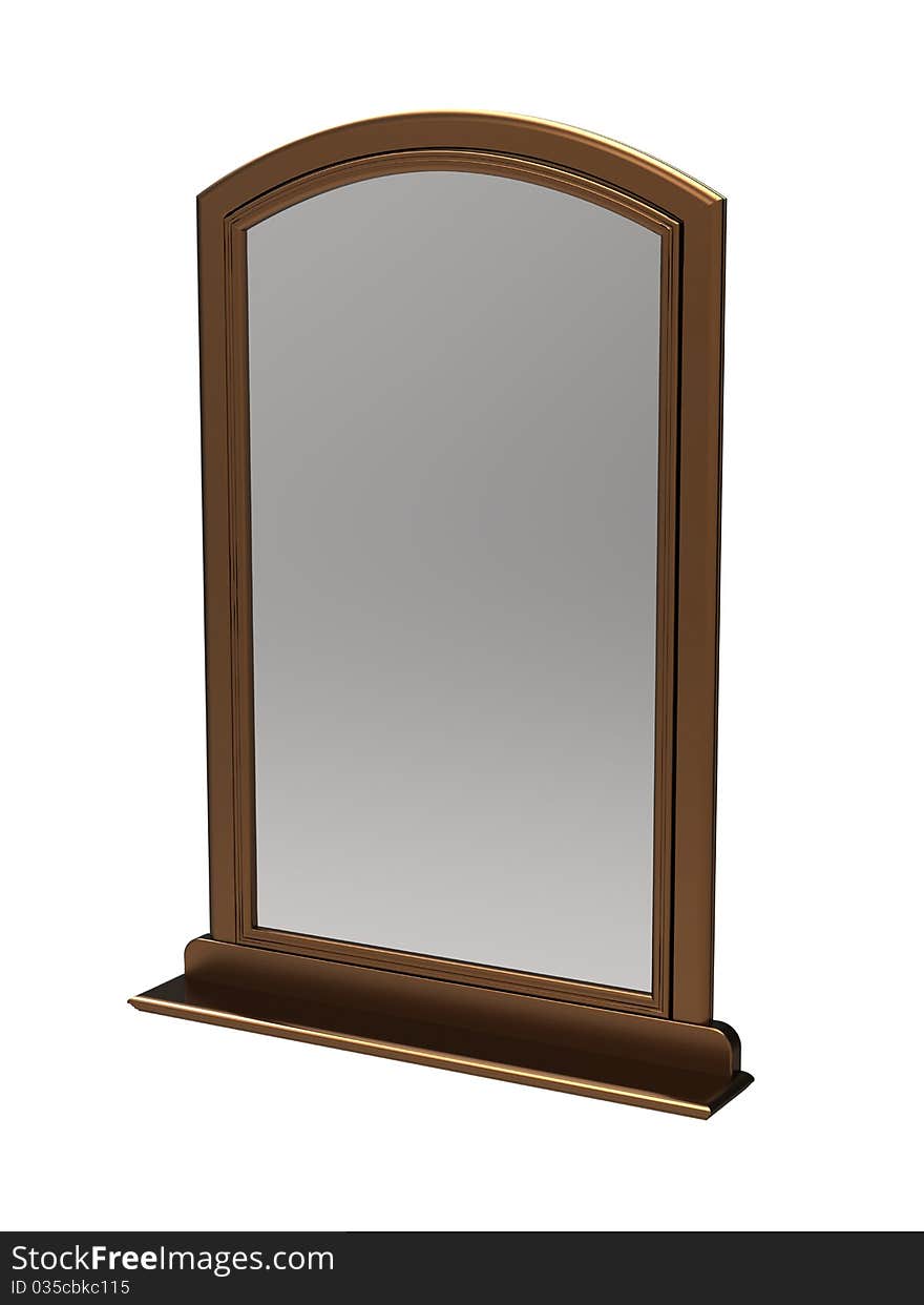 3d mirror in a wooden framework brown on a white background