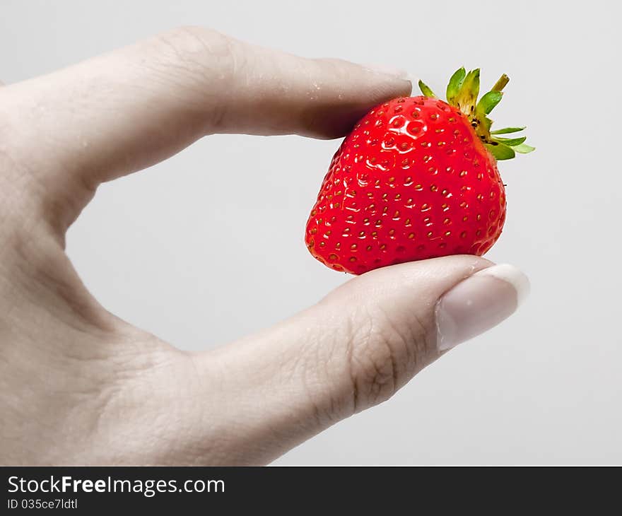 Colorful strawberry between pale fingers. Colorful strawberry between pale fingers.