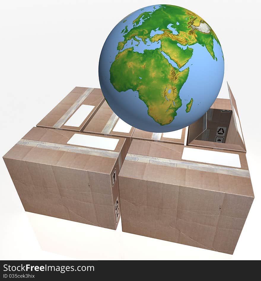 3D-rendering of a globe on cartons