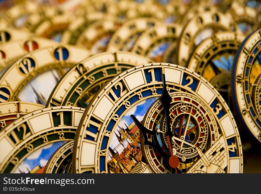 Many small astronomical clocks. These clocks are a symbol of Prague. Many small astronomical clocks. These clocks are a symbol of Prague