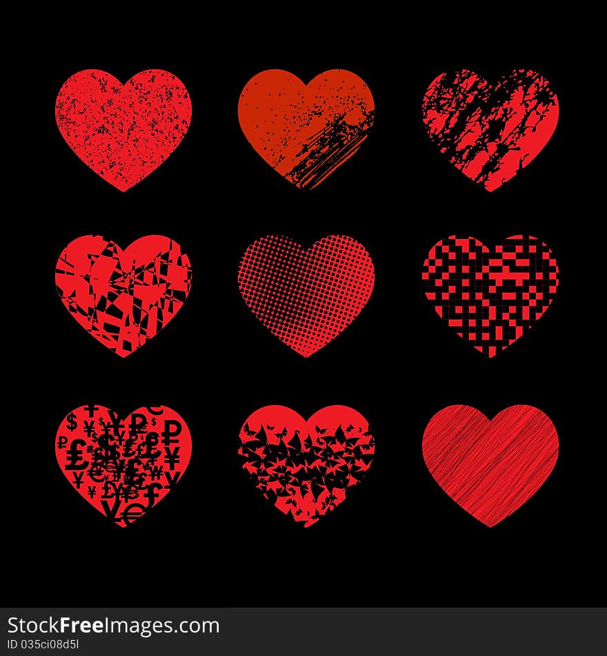 Hearts Set of different textures on a black background. Hearts Set of different textures on a black background.