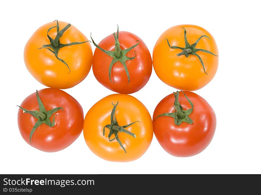 Red and yellow tomatoes on the white background