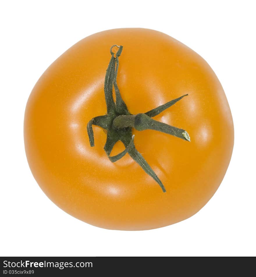 One orange tomato on the white