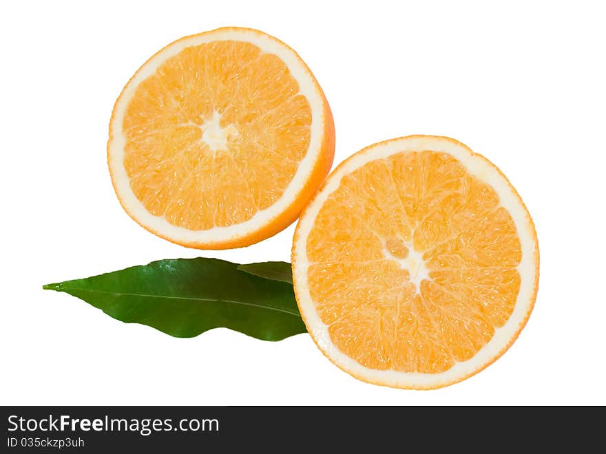 Cropped orange with green leaves isolated on the white background