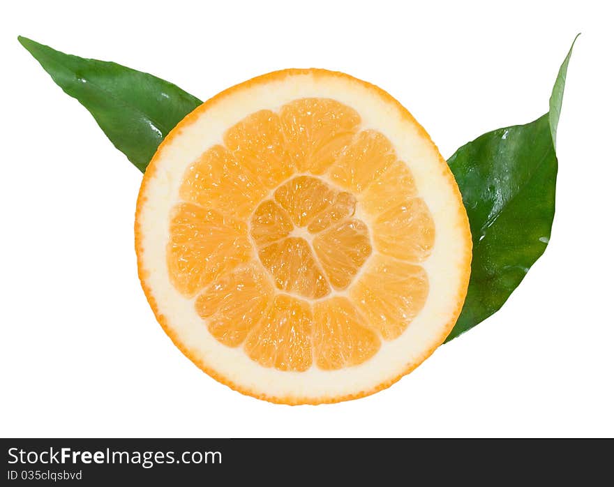 Orange segment with green leaves isolated on the white background