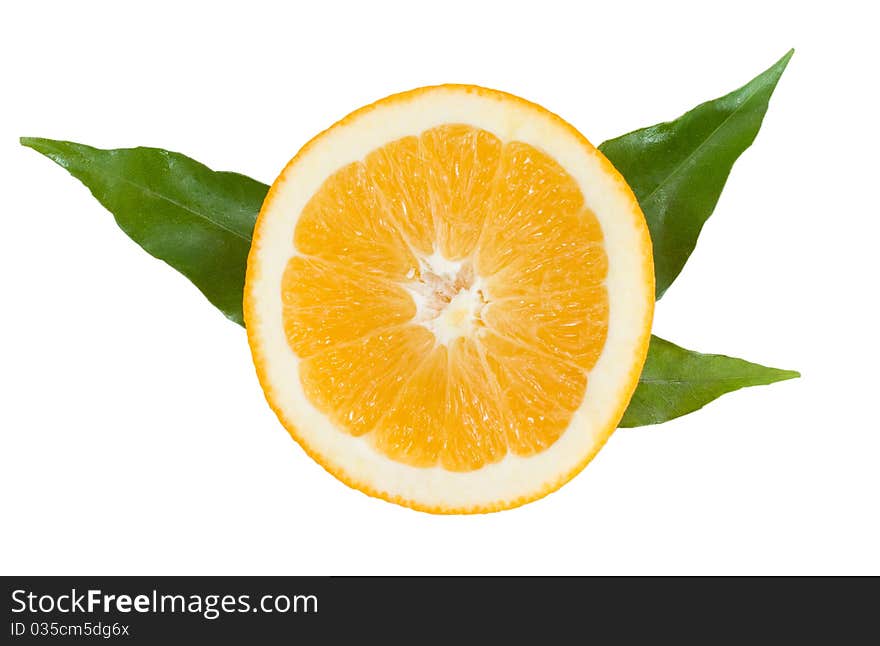 Orange slice with green leaves on the white background