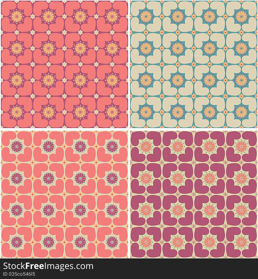 Seamless Patterns With Hearts And Flowers