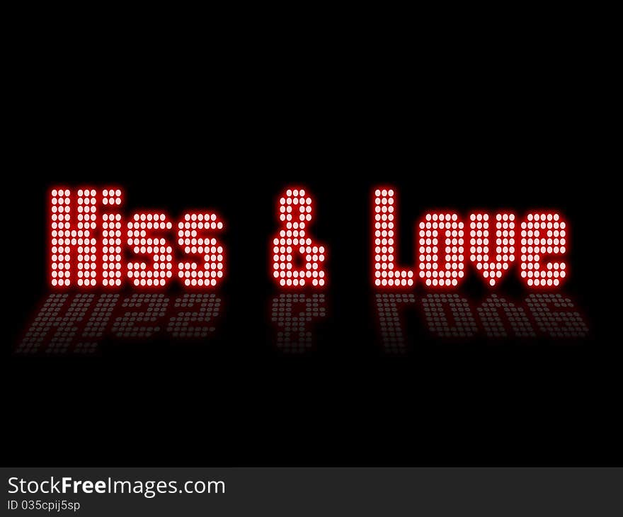 Illustration of the words love and kiss writing with light points. Illustration of the words love and kiss writing with light points