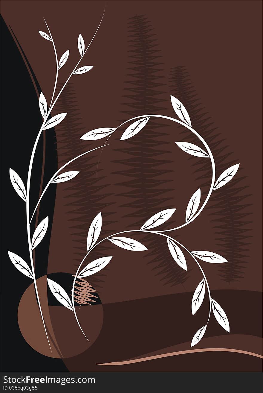 Floral ornament in the form of tree branches and ferns on a abstract brown background. Floral ornament in the form of tree branches and ferns on a abstract brown background