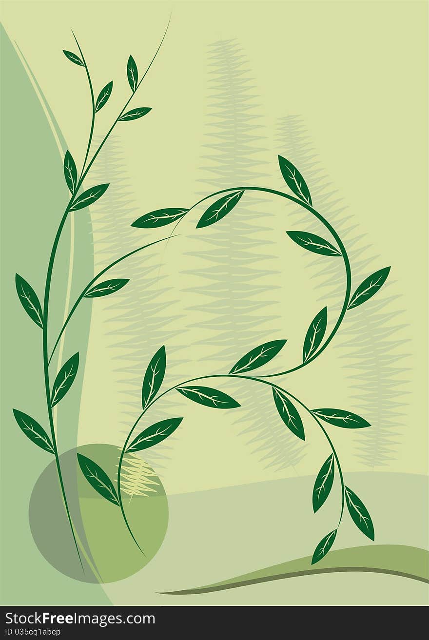 Floral ornament in the form of tree branches and ferns on a abstract green background. Floral ornament in the form of tree branches and ferns on a abstract green background