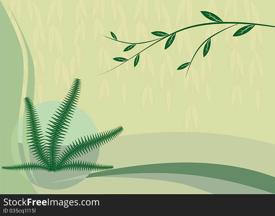 Landscape floral ornament in the form of tree branches and ferns on a abstract green background. Landscape floral ornament in the form of tree branches and ferns on a abstract green background