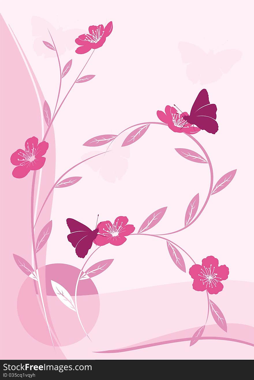 Floral ornament in the form of flowering branches and butterfly on a abstract pink background. Floral ornament in the form of flowering branches and butterfly on a abstract pink background