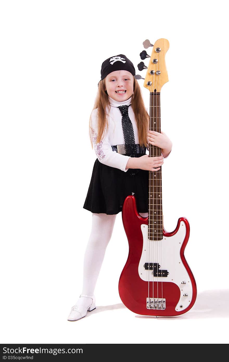 Rock star. Teenager girl playing a bass guitar isolated on white. Rock star. Teenager girl playing a bass guitar isolated on white.