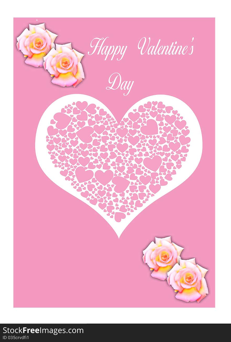 Pinkish roses and pink hearts on a white  background all isolated on a pink background comprise this illustration. Pinkish roses and pink hearts on a white  background all isolated on a pink background comprise this illustration