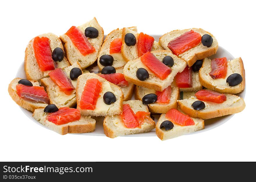 Sandwiches with red caviar, isolated on white