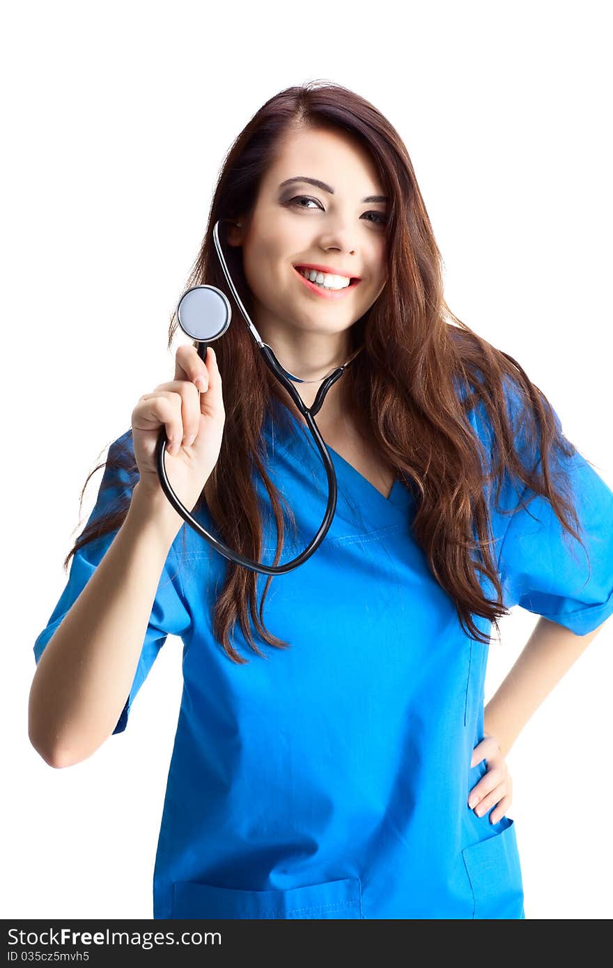 Woman doctor in uniform on white background