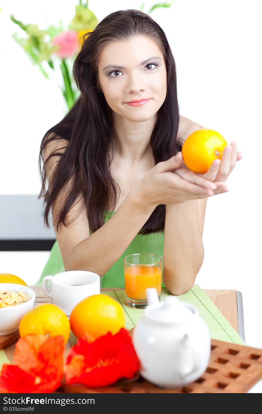 Beautiful woman  in cafe over white background