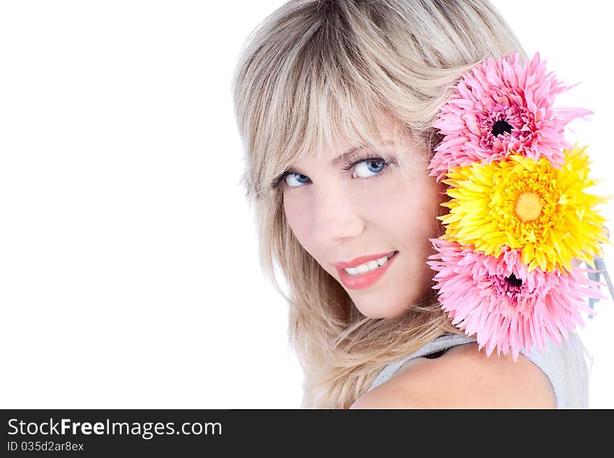 Beautiful woman over white background with flowers