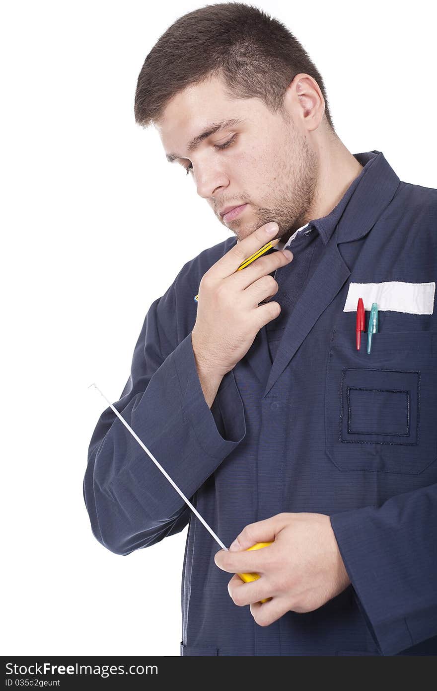 Working man with a tape-measure and pencil