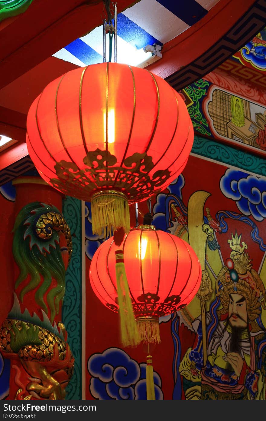 Red lamp in chinese temple on night